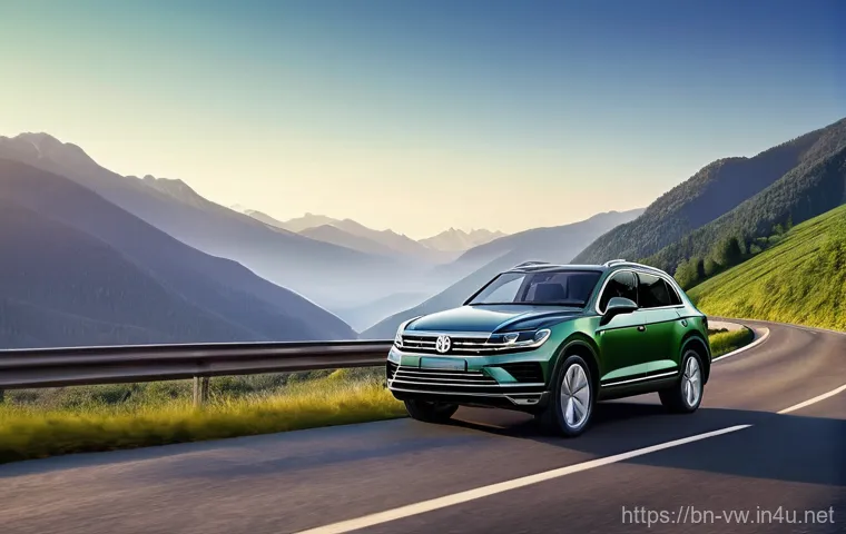 폭스바겐 투아렉의 장거리 주행 리뷰 - **Prompt 1: Majestic Highway Cruise**
"A sleek, silver Volkswagen Touareg SUV smoothly cruising ...